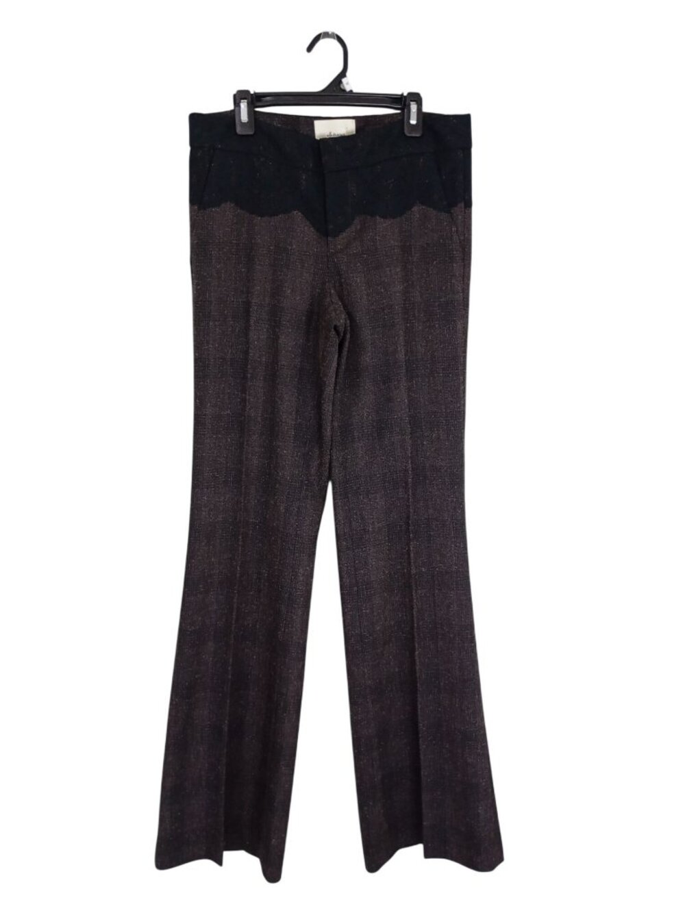 Anthropologie Elevense The Brighton Plaid Wide-Leg Pants Black Lace Trim Size 8